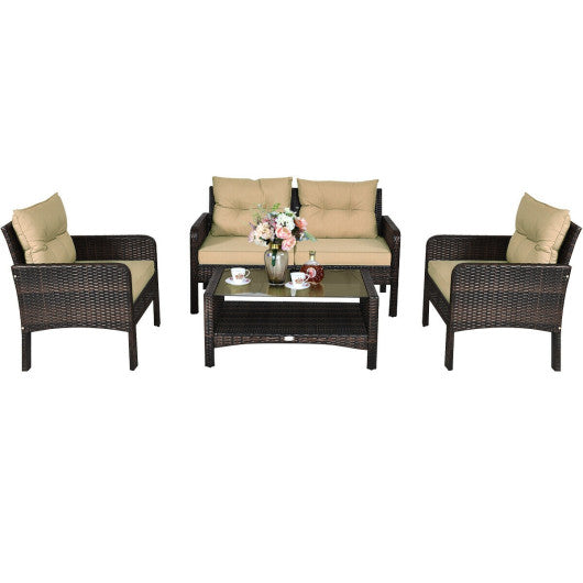 4 Pieces Outdoor Rattan Wicker Loveseat Furniture Set with Cushions-Coffee
