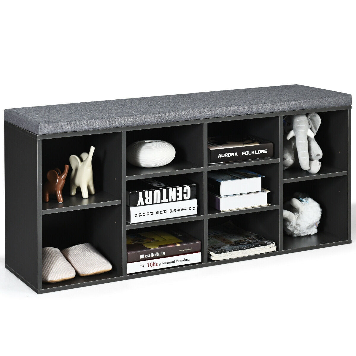 10-Cube Organizer Shoe Storage Bench with Cushion for Entryway-Gray by DirectDeals