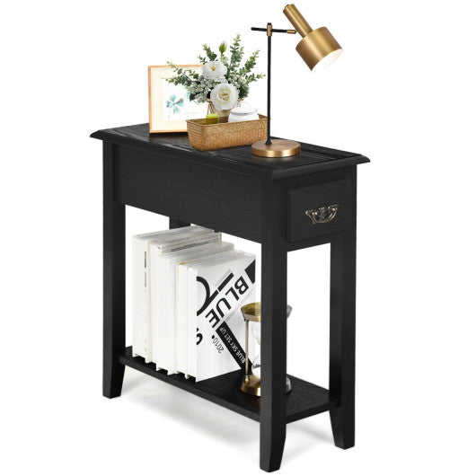 2 Tier End Bedside Sofa Side Table Narrow Nightstand-Black