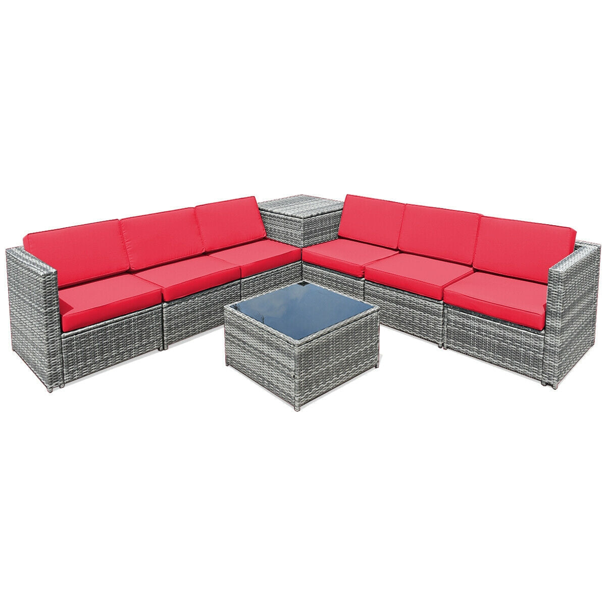 8 Pieces Wicker Sofa Rattan Dining Set Patio Furniture with Storage Table-Gray