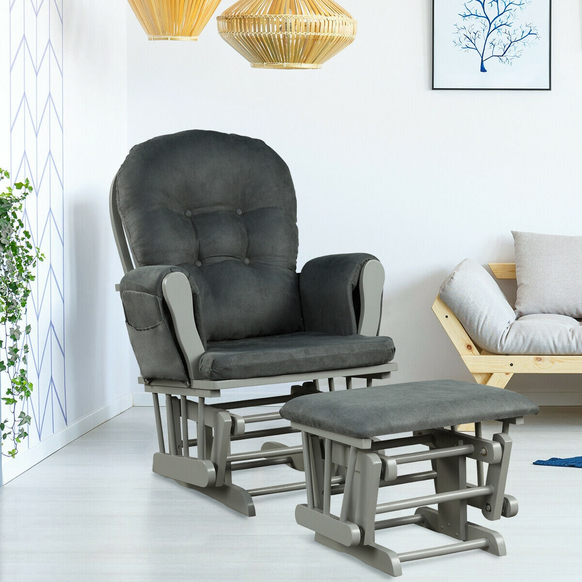 Wood Glider and Ottoman Set with Padded Armrests and Detachable Cushion-Brown