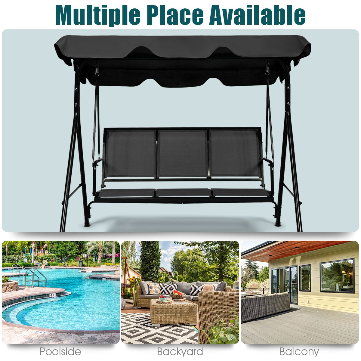 3 Person Steel Frame Patio Swing with Polyester Angle and Adjustable Canopy-Brown