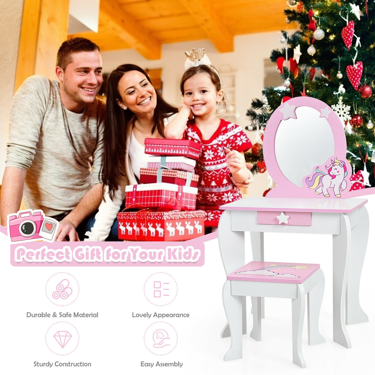 Kids Wooden Makeup Dressing Table and Chair Set with Mirror and Drawer-Pink