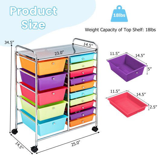 15-Drawer Utility Rolling Organizer Cart with Multi-Use Storage-Multicolor