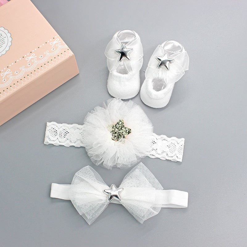 Flower Baby Girl Headband Socks Set Shoes With Crown Bows Newborn Headbands For Girls Turban Baby Hair Accessories