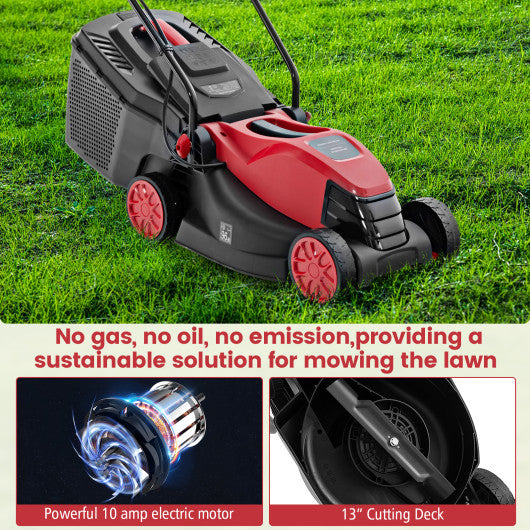 10 AMP 13 Inch Electric Corded Lawn Mower with Collection Box-Red