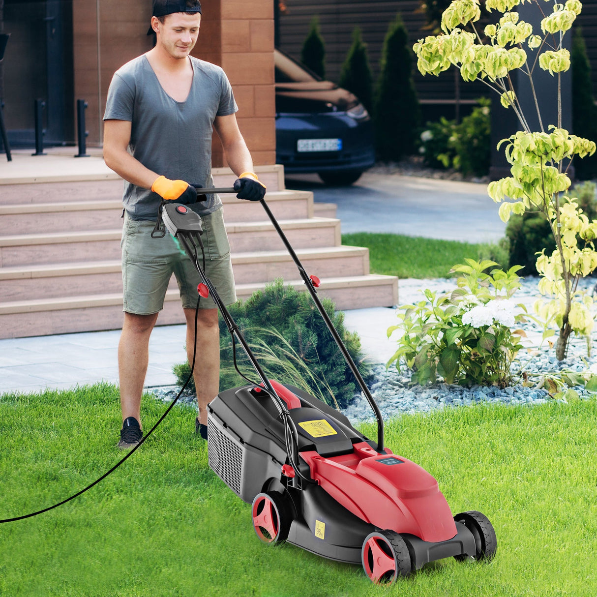 10 AMP 13 Inch Electric Corded Lawn Mower with Collection Box-Red by DirectDeals