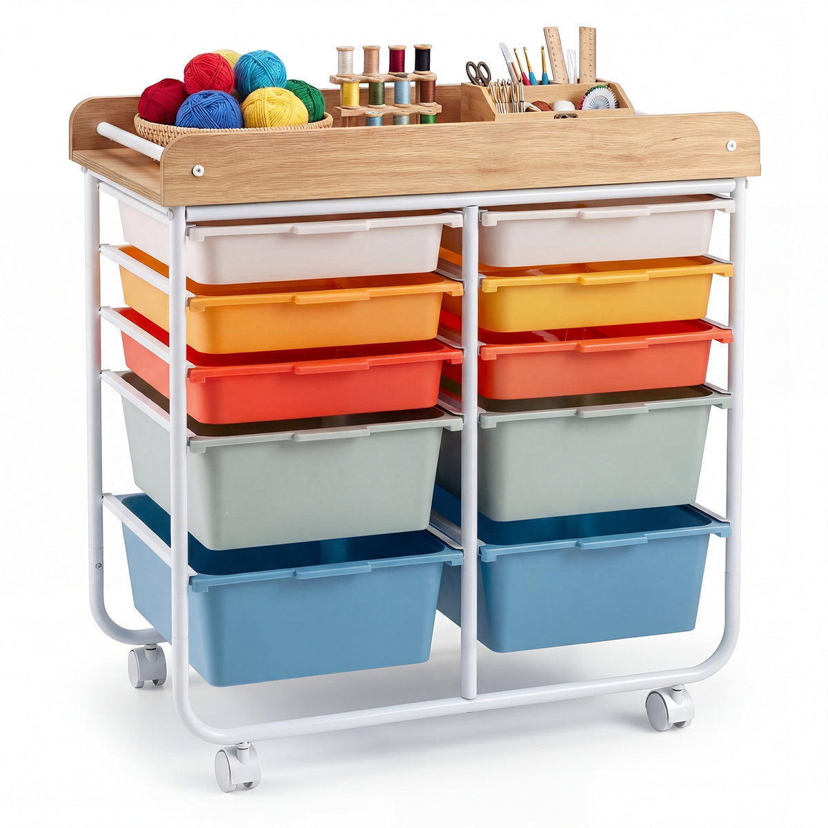 10-Drawer Rolling Cart with Wooden Tabletop and Lockable Wheels for Office-Macaron