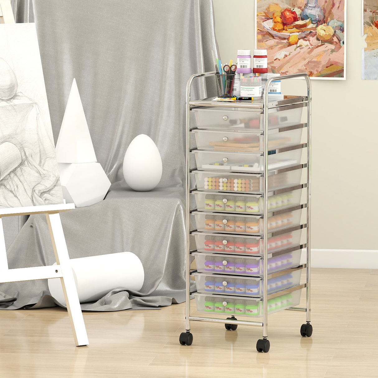 10-Drawer Rolling Storage Cart with Metal Frame and Lockable Universal Wheels-White