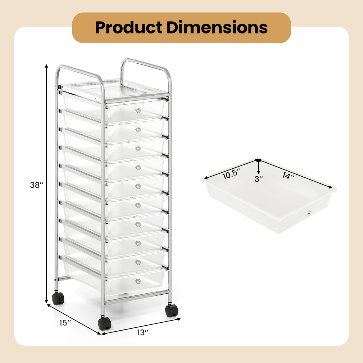 10-Drawer Rolling Storage Cart with Metal Frame and Lockable Universal Wheels-White