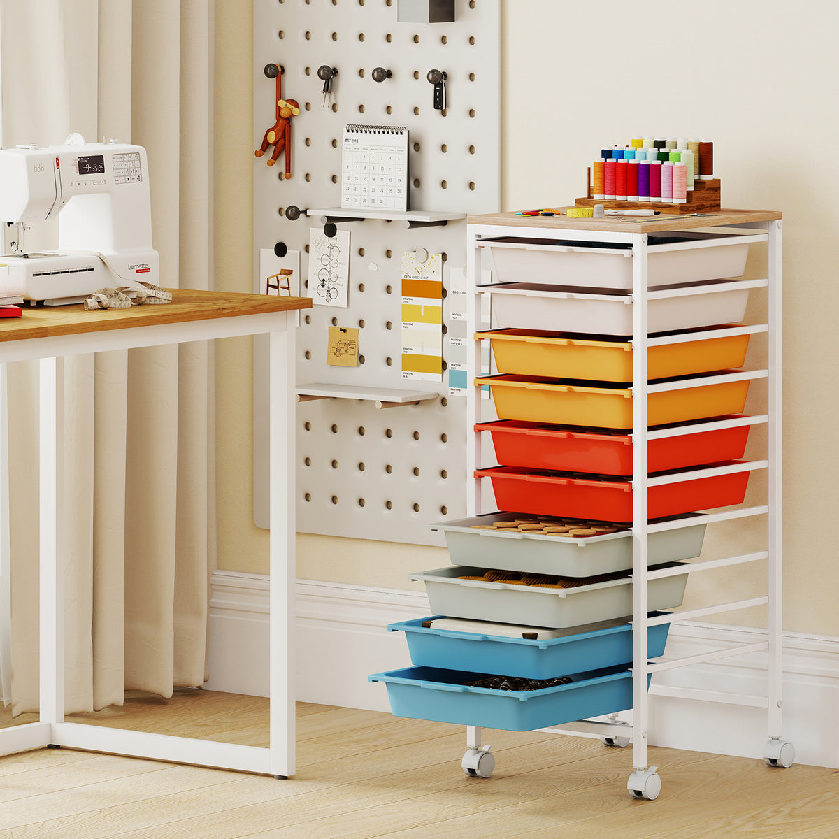 10-Drawer Rolling Storage Cart Mobile Utility Organizer with Wooden Tabletop and Lockable Wheels-Macaron