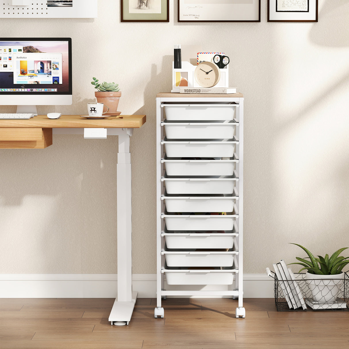 10-Drawer Rolling Storage Cart Mobile Utility Organizer with Wooden Tabletop and Lockable Wheels-White