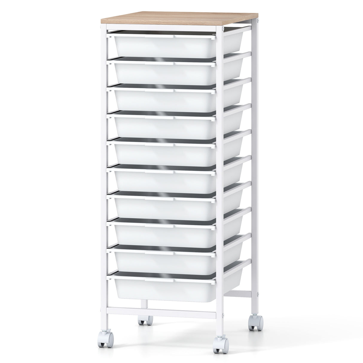 10-Drawer Rolling Storage Cart Mobile Utility Organizer with Wooden Tabletop and Lockable Wheels-White