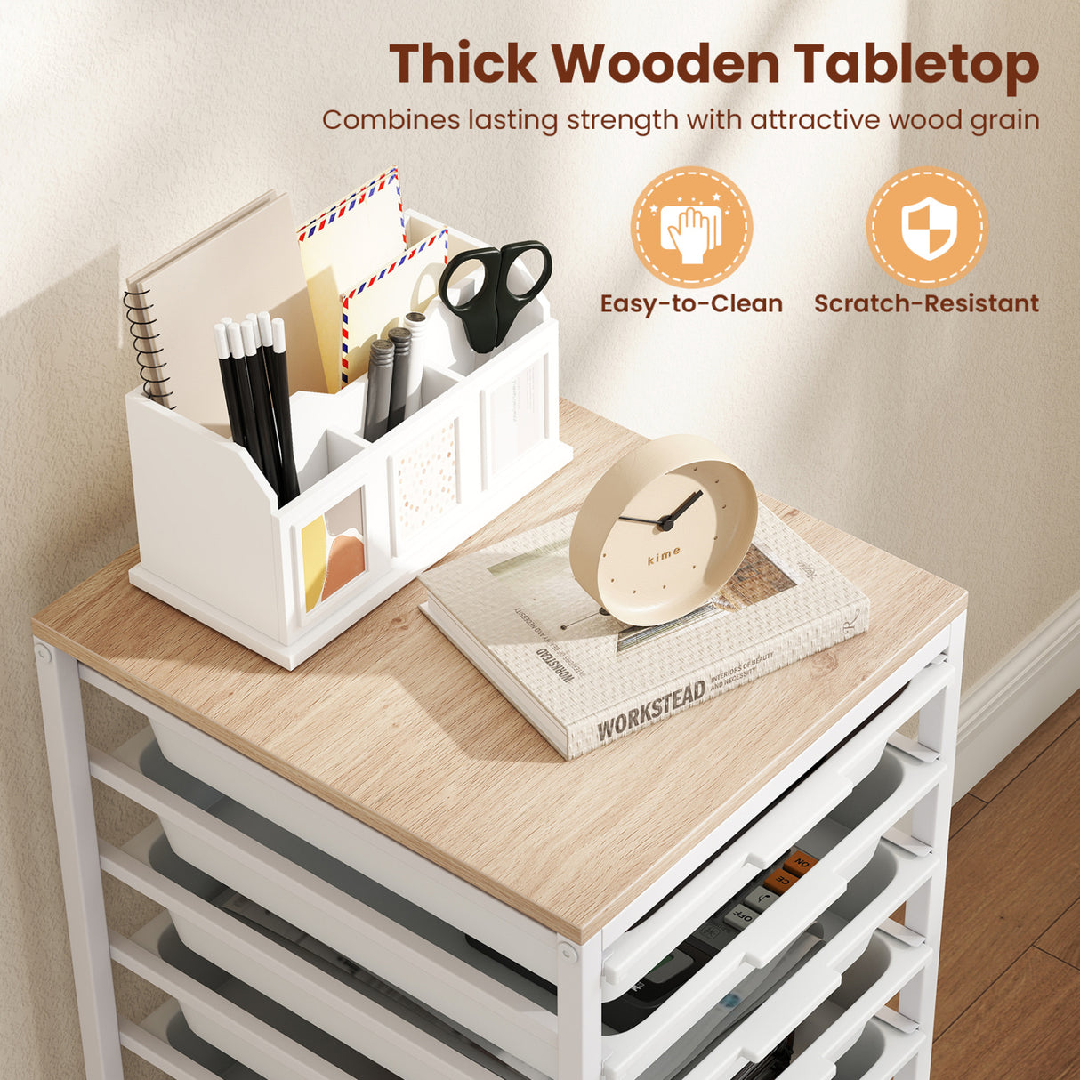 10-Drawer Rolling Storage Cart Mobile Utility Organizer with Wooden Tabletop and Lockable Wheels-White
