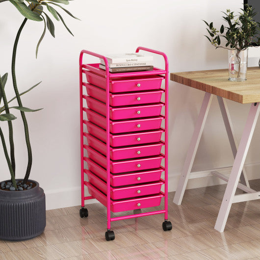 10 Drawer Rolling Storage Cart Organizer with 4 Universal Casters-Pink
