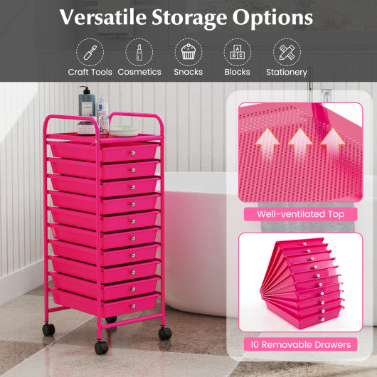 10 Drawer Rolling Storage Cart Organizer with 4 Universal Casters-Pink