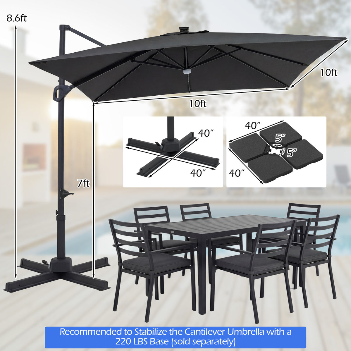 10 FT Cantilever Patio Umbrella with Solar LED Lights for Pool and Garden-Gray