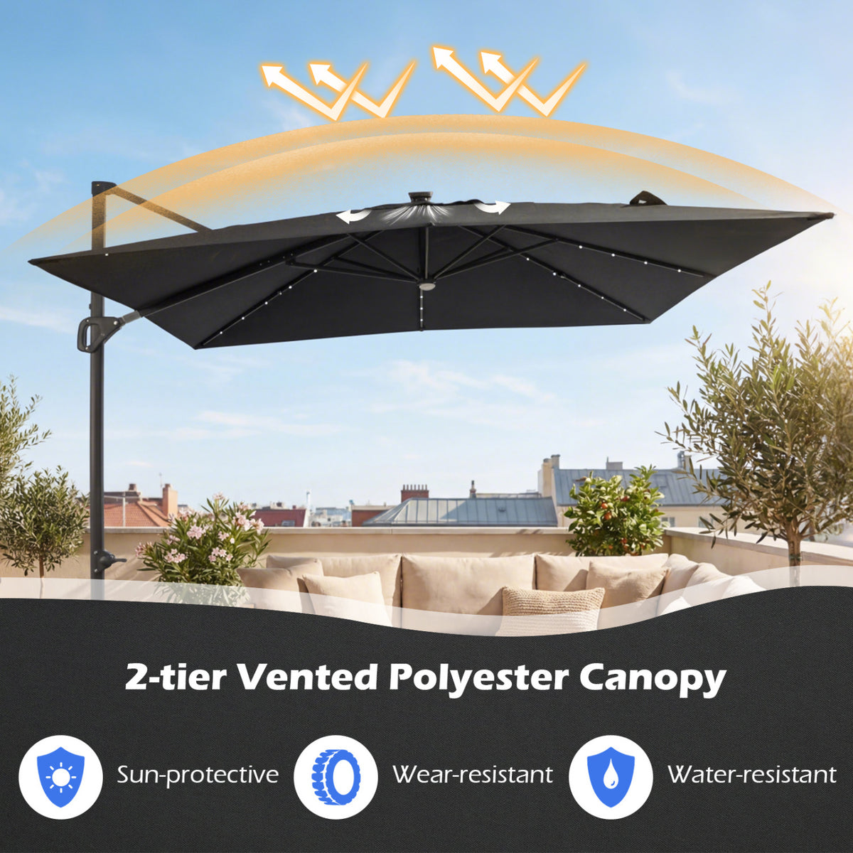 10 FT Cantilever Patio Umbrella with Solar LED Lights for Pool and Garden-Gray
