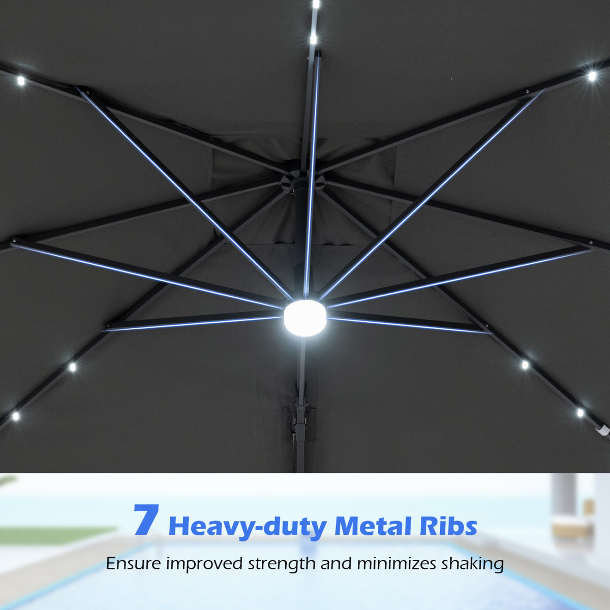 10 FT Cantilever Patio Umbrella with Solar LED Lights for Pool and Garden-Gray