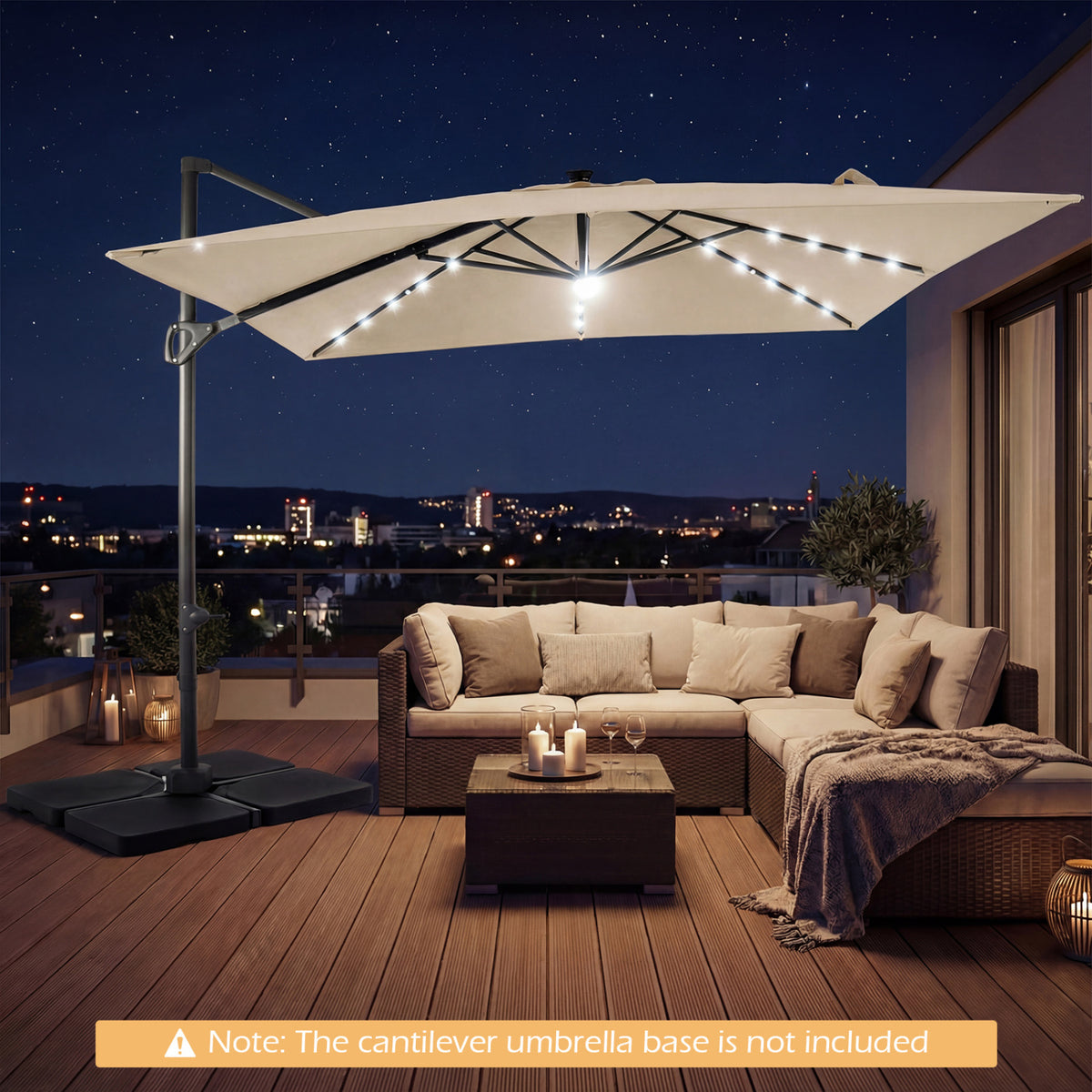 10 FT Cantilever Patio Umbrella with Solar LED Lights for Pool and Garden-Beige