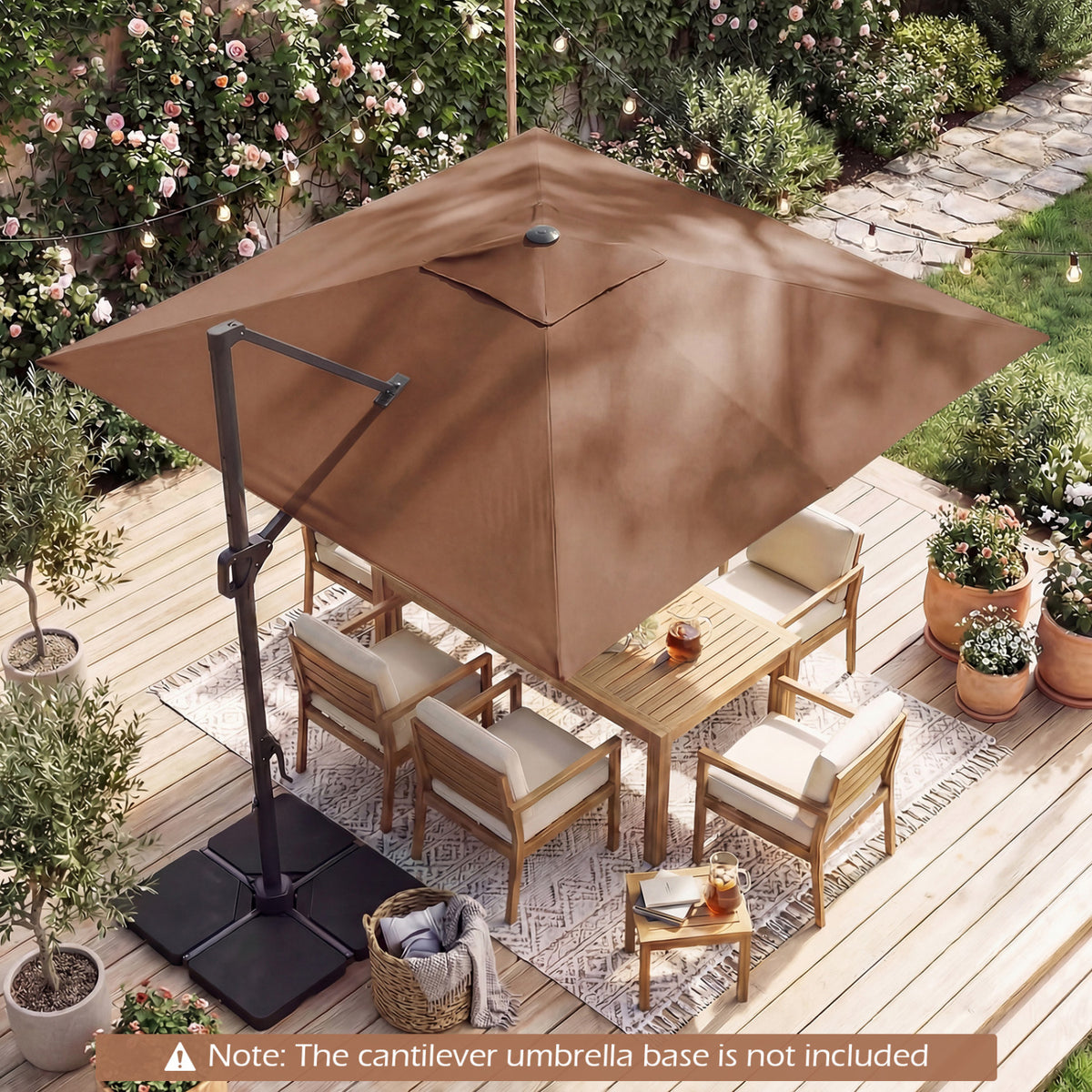 10 FT Cantilever Patio Umbrella with Solar LED Lights for Pool and Garden-Brown