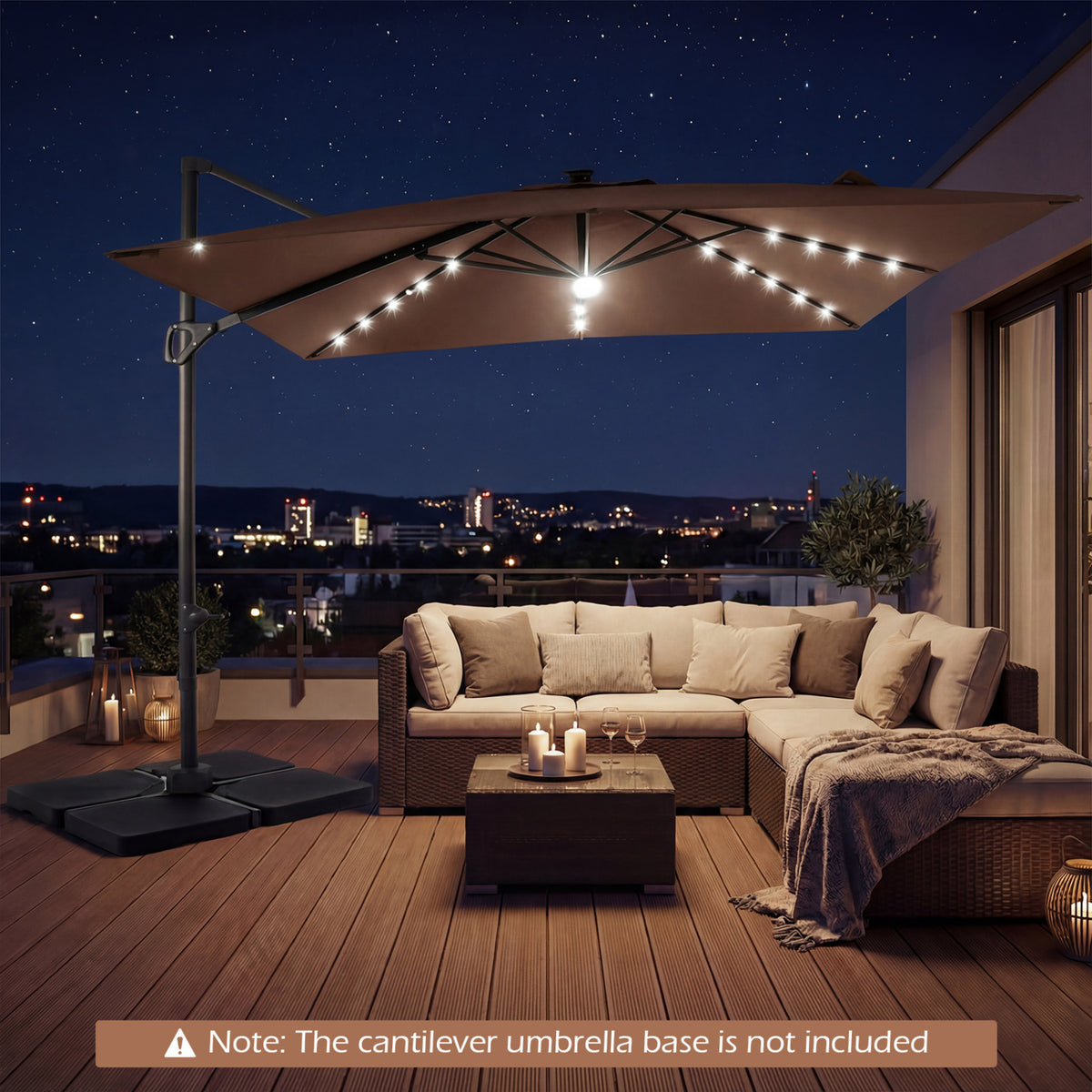 10 FT Cantilever Patio Umbrella with Solar LED Lights for Pool and Garden-Brown
