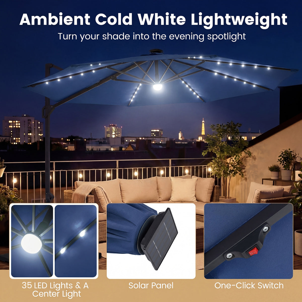 10 FT Cantilever Patio Umbrella with Solar LED Lights 360° Rotation-Navy