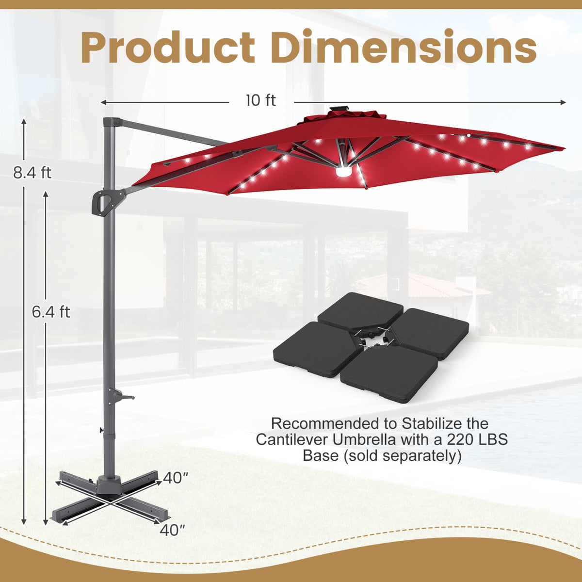10 FT Cantilever Patio Umbrella with Solar LED Lights 360° Rotation-Wine