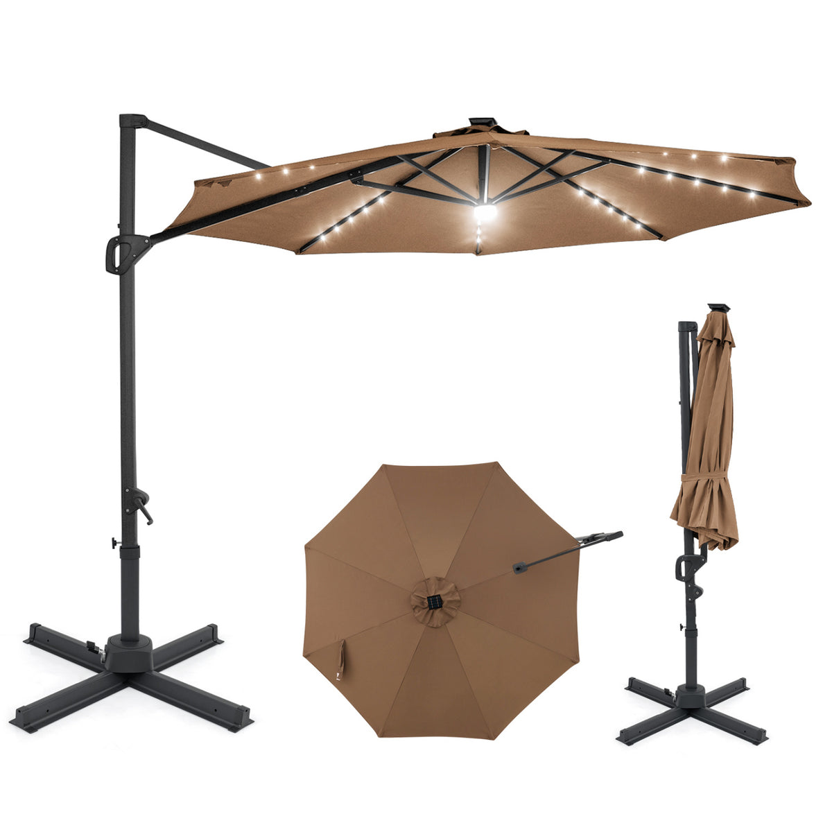 10 FT Cantilever Patio Umbrella with Solar LED Lights 360° Rotation-Brown