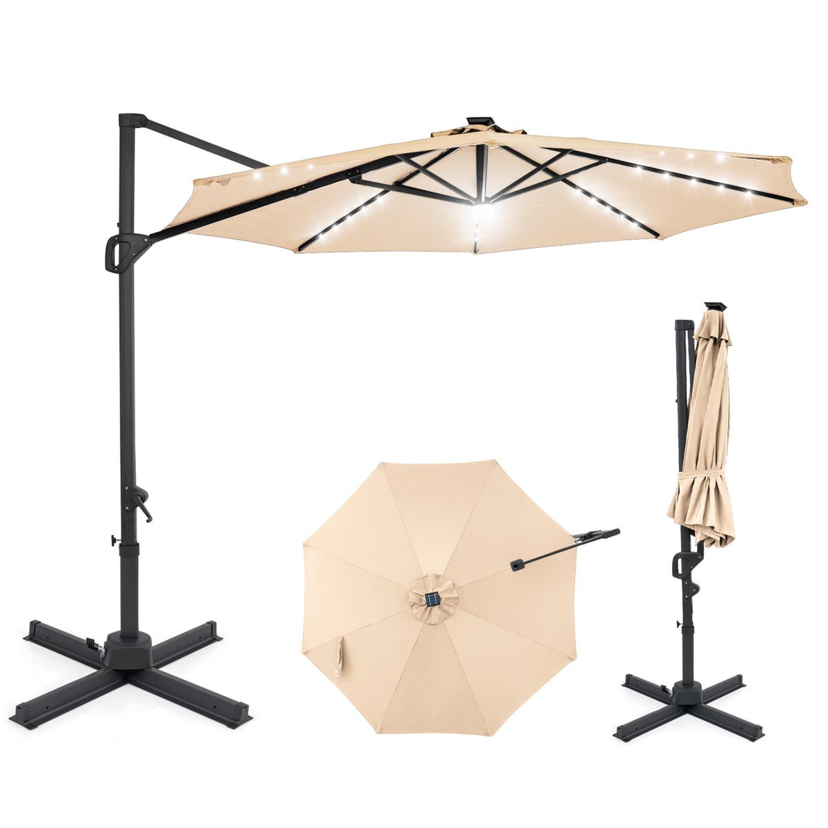10 FT Cantilever Patio Umbrella with Solar LED Lights 360° Rotation-Beige
