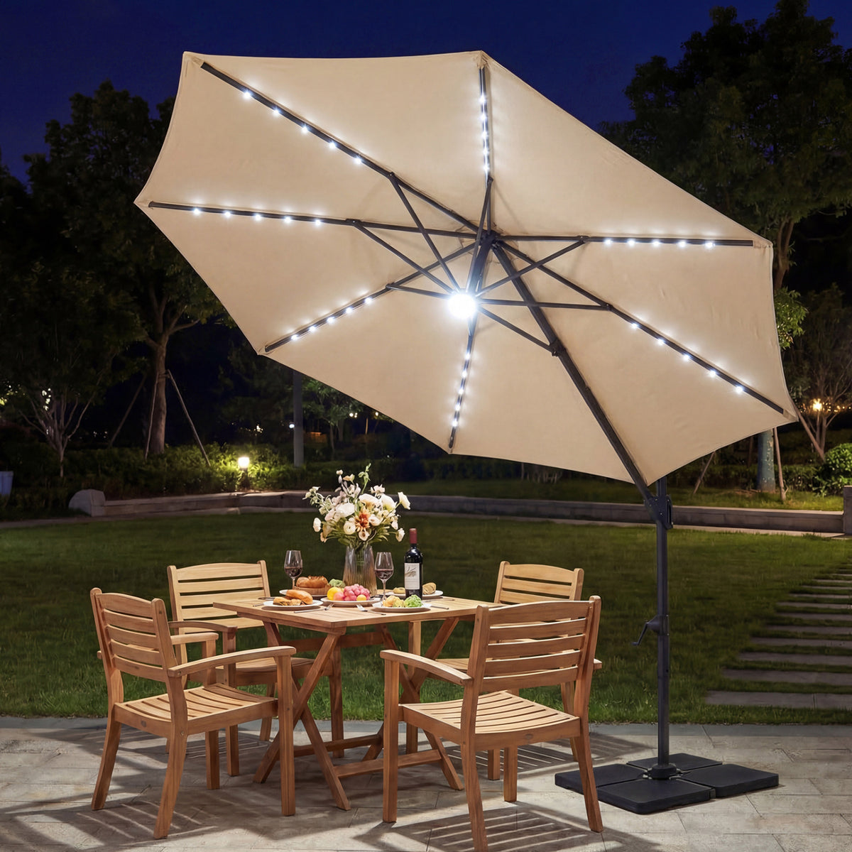 10 FT Cantilever Patio Umbrella with Solar LED Lights 360° Rotation-Beige