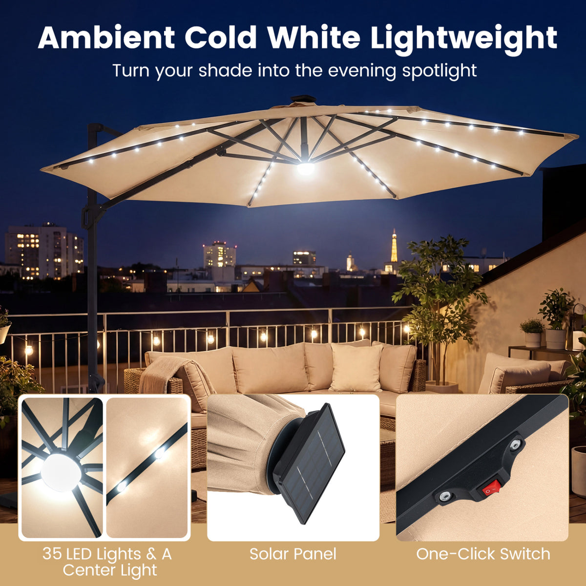 10 FT Cantilever Patio Umbrella with Solar LED Lights 360° Rotation-Beige