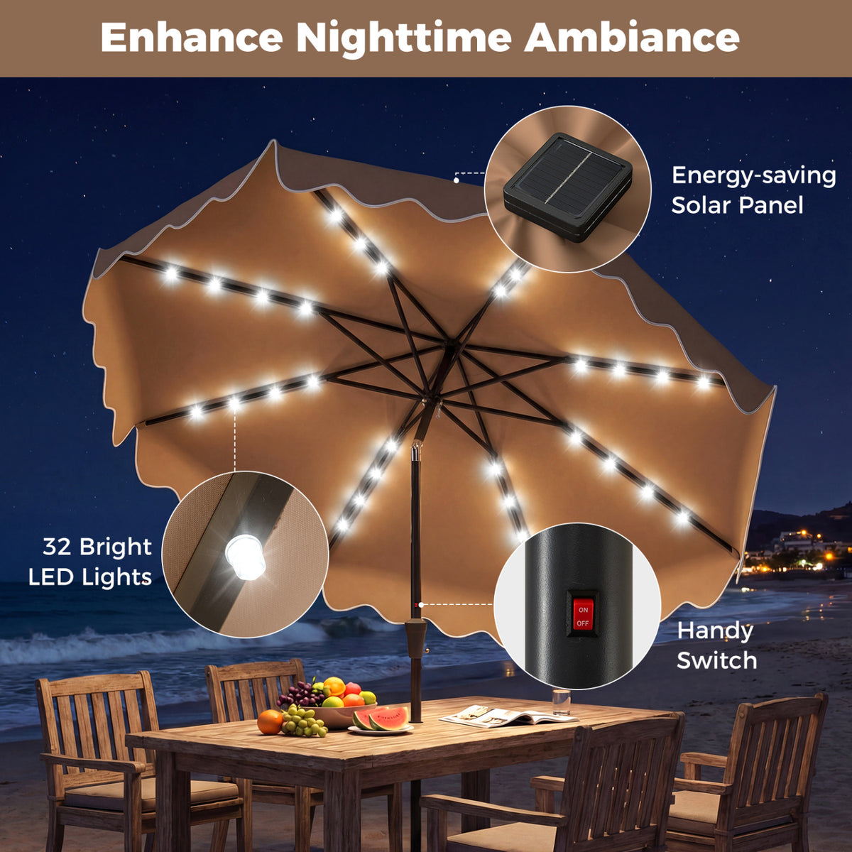 10 FT Outdoor Patio Umbrella with Solar LED Lights and Weighted Base-Brown