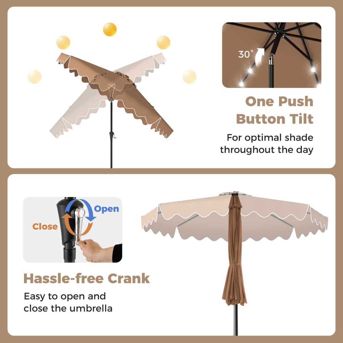 10 FT Outdoor Patio Umbrella with Solar LED Lights and Weighted Base-Brown