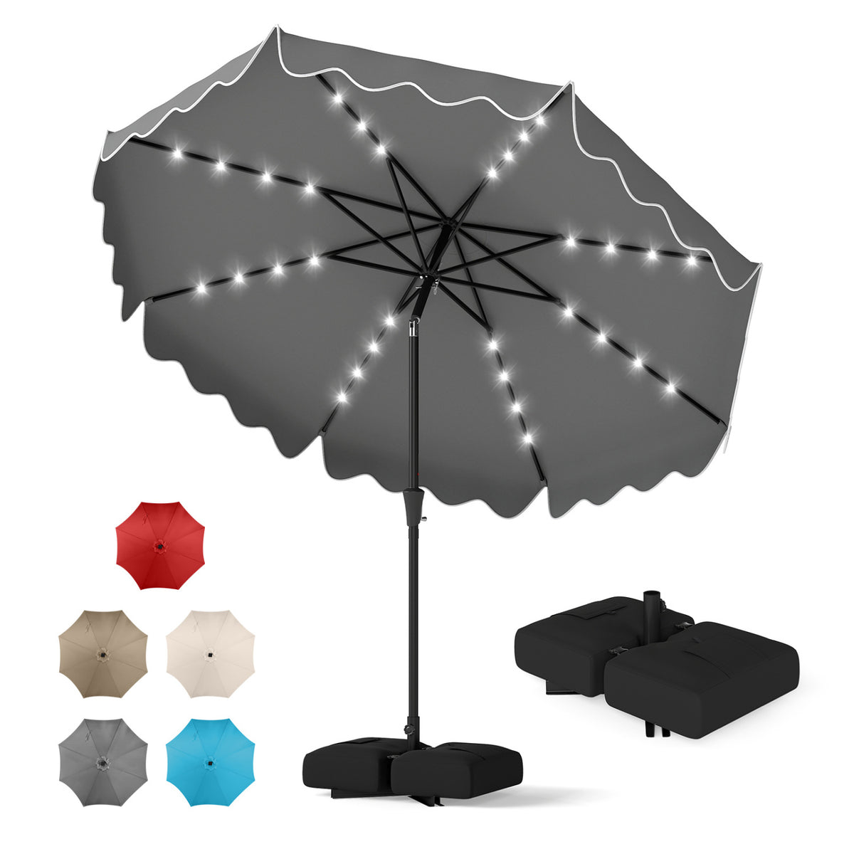 10 FT Outdoor Patio Umbrella with Solar LED Lights and Weighted Base-Gray