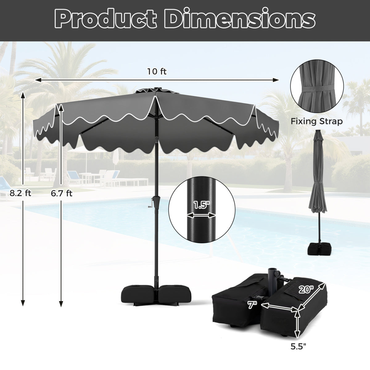 10 FT Outdoor Patio Umbrella with Solar LED Lights and Weighted Base-Gray