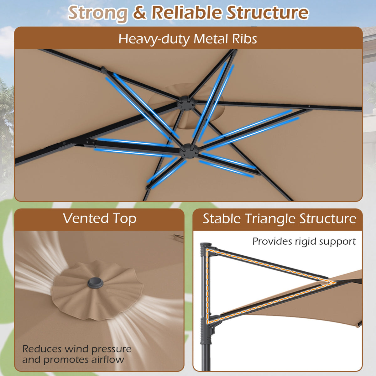 10 FT Patio Cantilever Umbrella with 360° Rotation and Air Vent for Backyard and Poolside-Tan