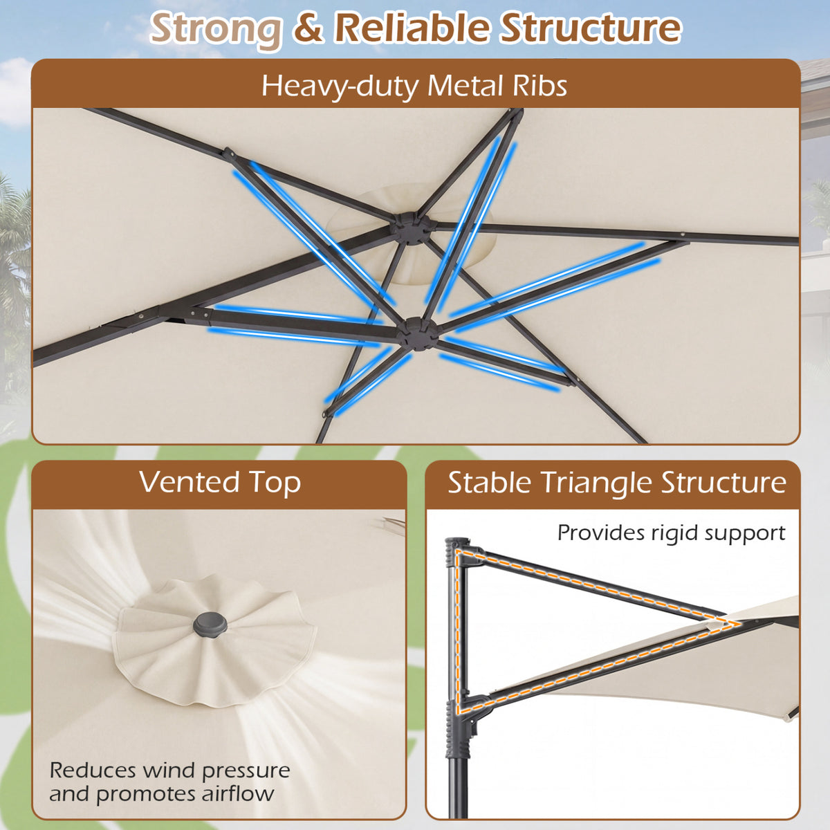 10 FT Patio Cantilever Umbrella with 360° Rotation and Air Vent for Backyard and Poolside-Beige