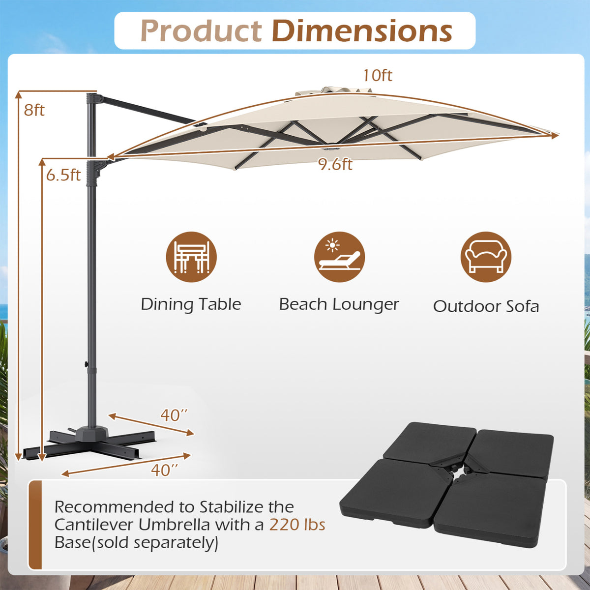 10 FT Patio Cantilever Umbrella with 360° Rotation and Air Vent for Backyard and Poolside-Beige
