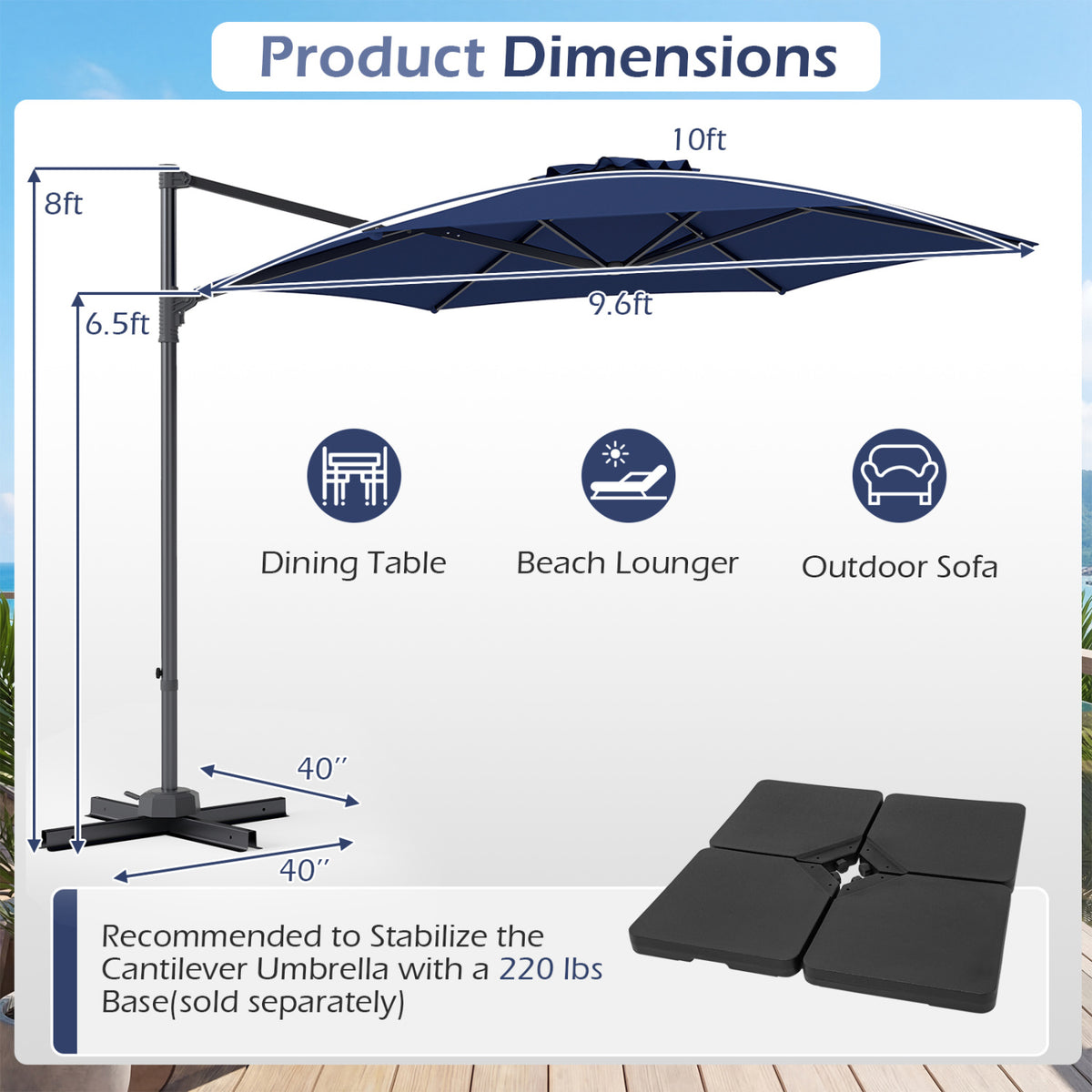 10 FT Patio Cantilever Umbrella with 360° Rotation and Air Vent for Backyard and Poolside-Blue