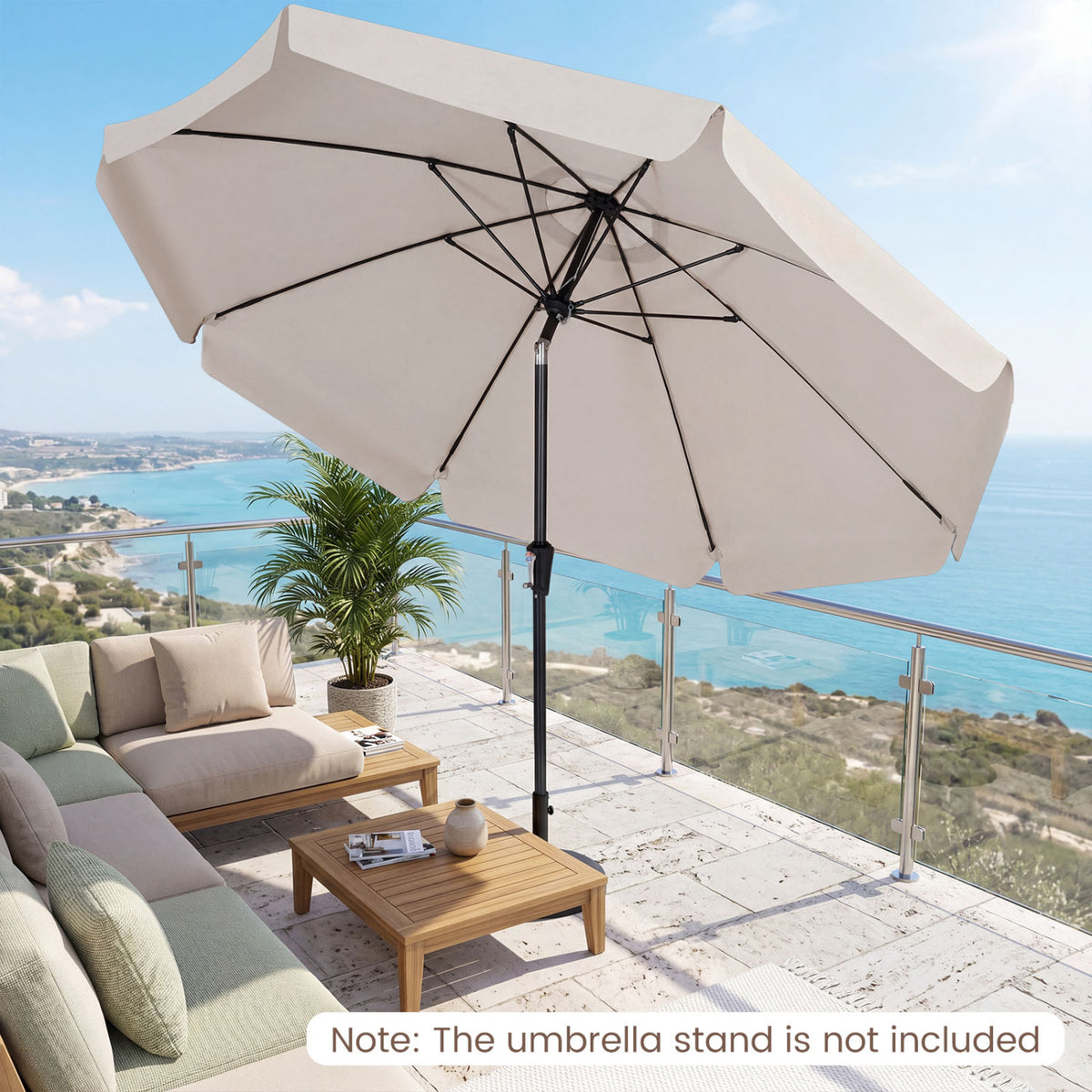 10 FT Scalloped Patio Umbrella with Push Button Tilt and 8 Fiberglass Ribs-Beige