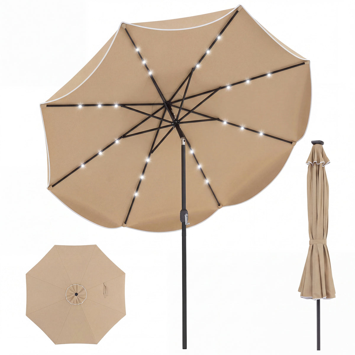 10 FT Scalloped Solar Patio Umbrella with 24 LED Lights and Tilt Adjustment-Tan