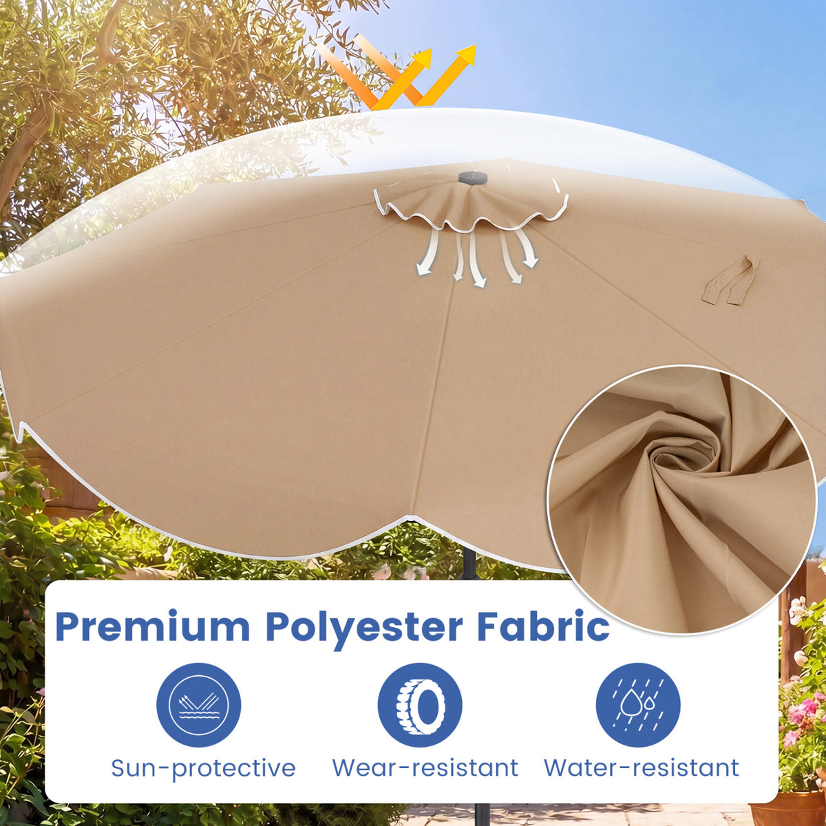 10 FT Scalloped Solar Patio Umbrella with 24 LED Lights and Tilt Adjustment-Tan
