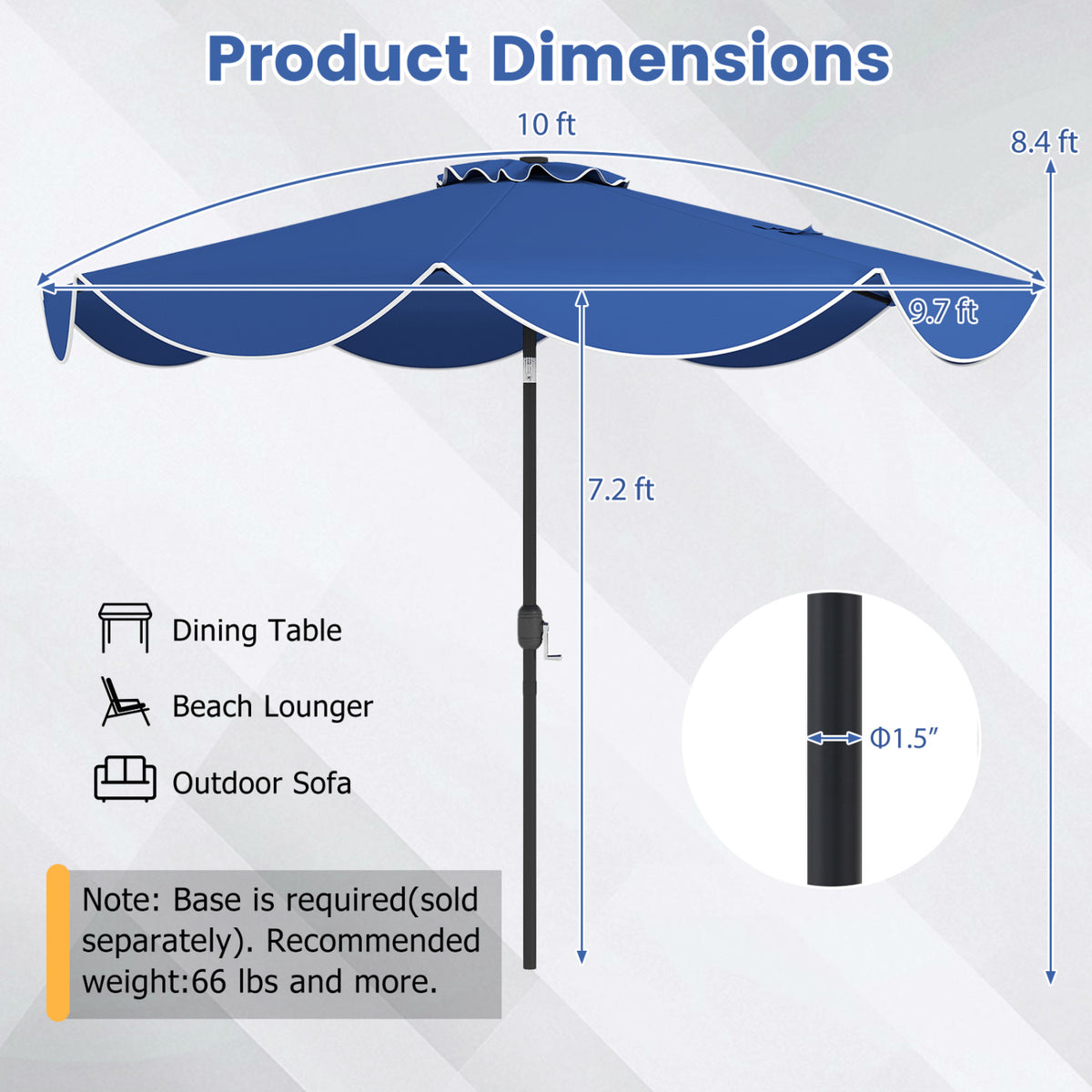 10 FT Scalloped Solar Patio Umbrella with 24 LED Lights and Tilt Adjustment-Navy