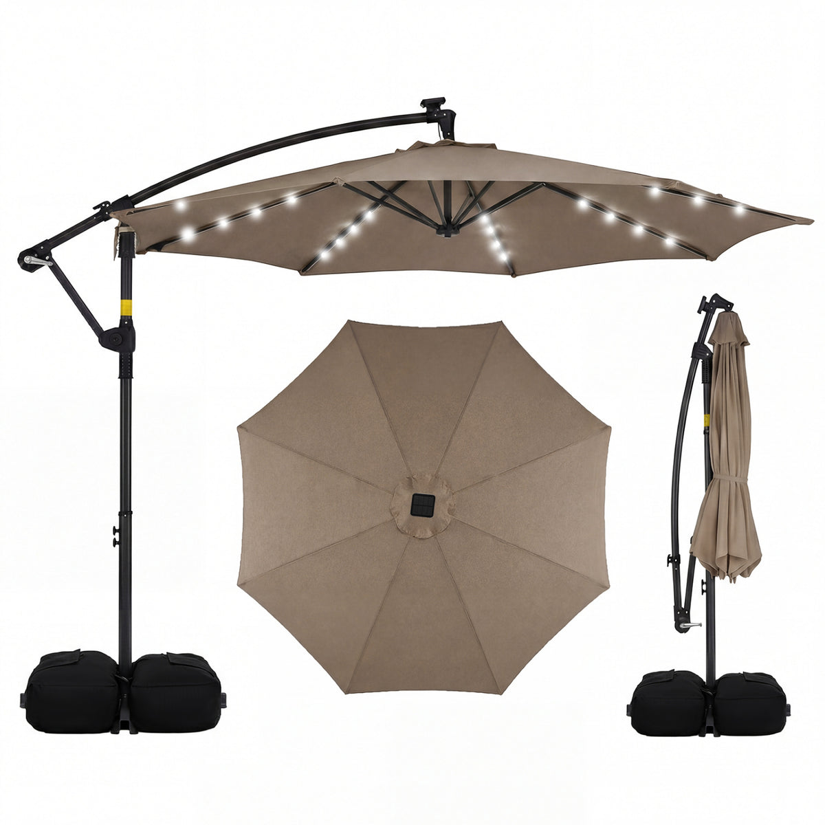 10 FT Solar LED Offset Cantilever Patio Umbrella Hanging Outdoor Market Umbrella-Brown