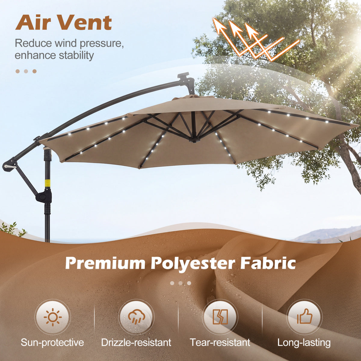 10 FT Solar LED Offset Cantilever Patio Umbrella Hanging Outdoor Market Umbrella-Brown