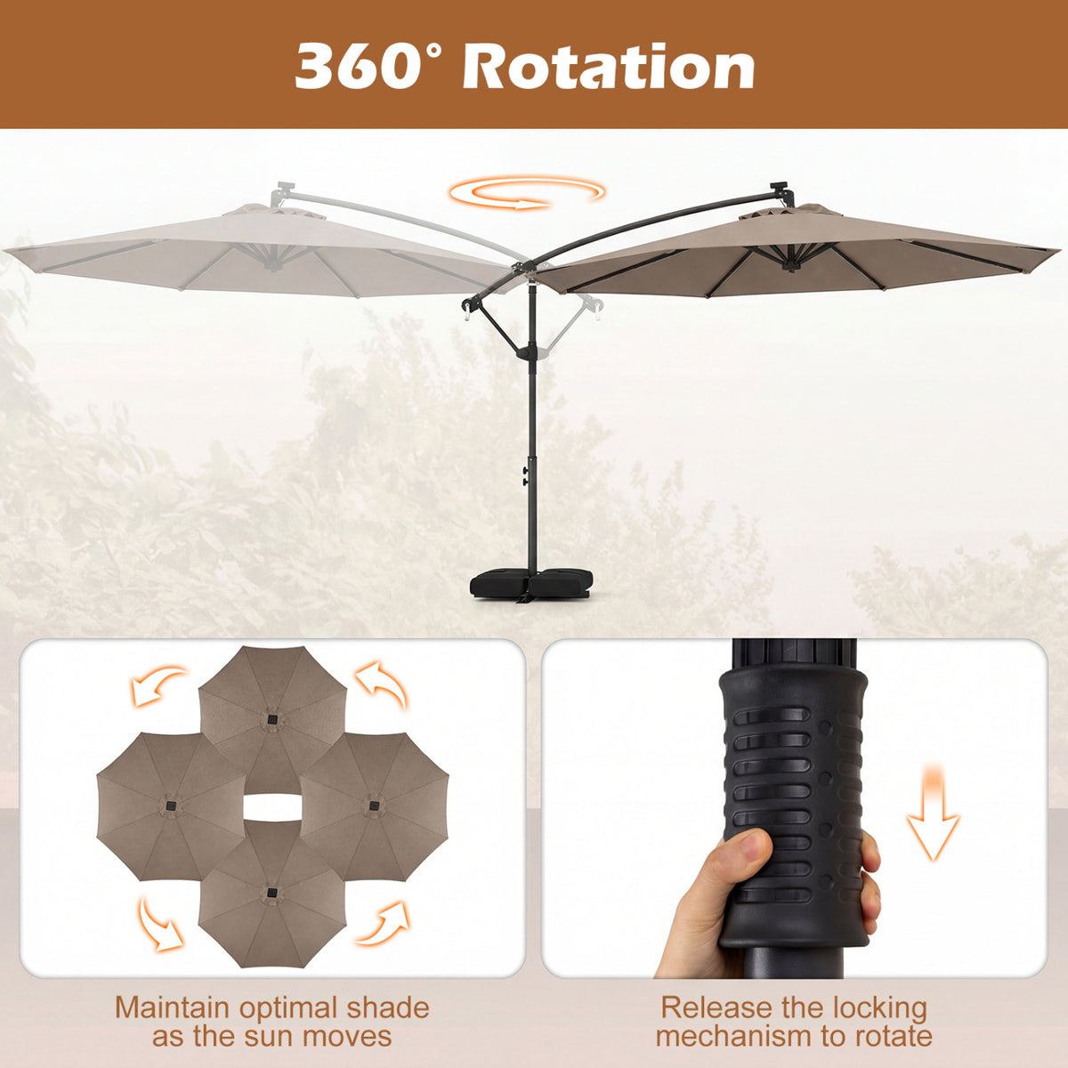 10 FT Solar LED Offset Cantilever Patio Umbrella Hanging Outdoor Market Umbrella-Brown