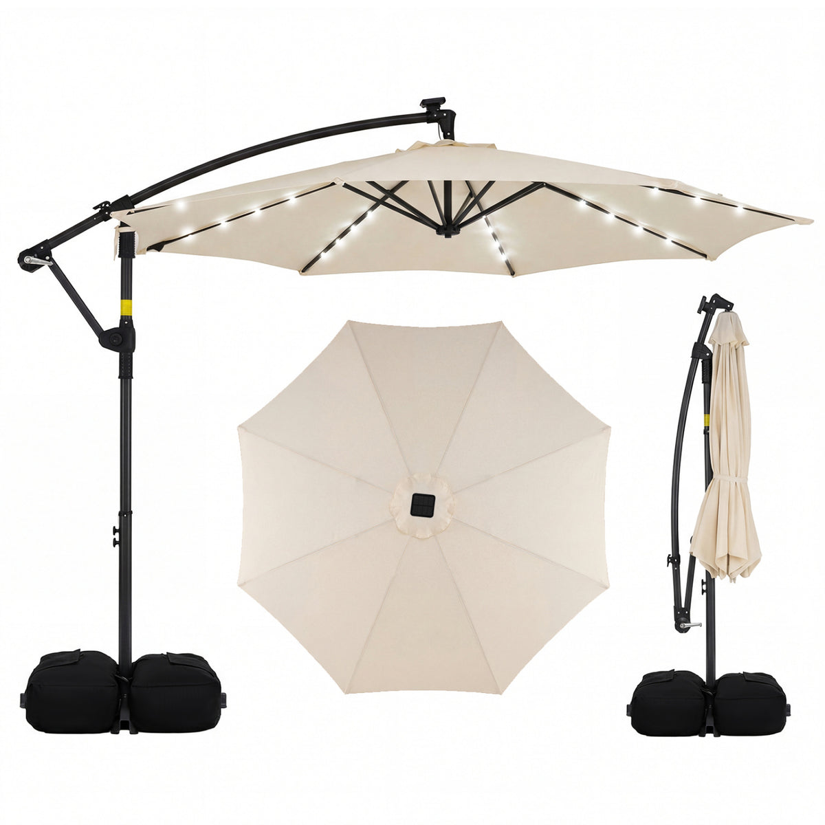 10 FT Solar LED Offset Cantilever Patio Umbrella Hanging Outdoor Market Umbrella-Beige