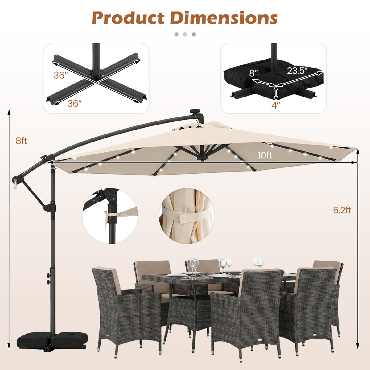 10 FT Solar LED Offset Cantilever Patio Umbrella Hanging Outdoor Market Umbrella-Beige