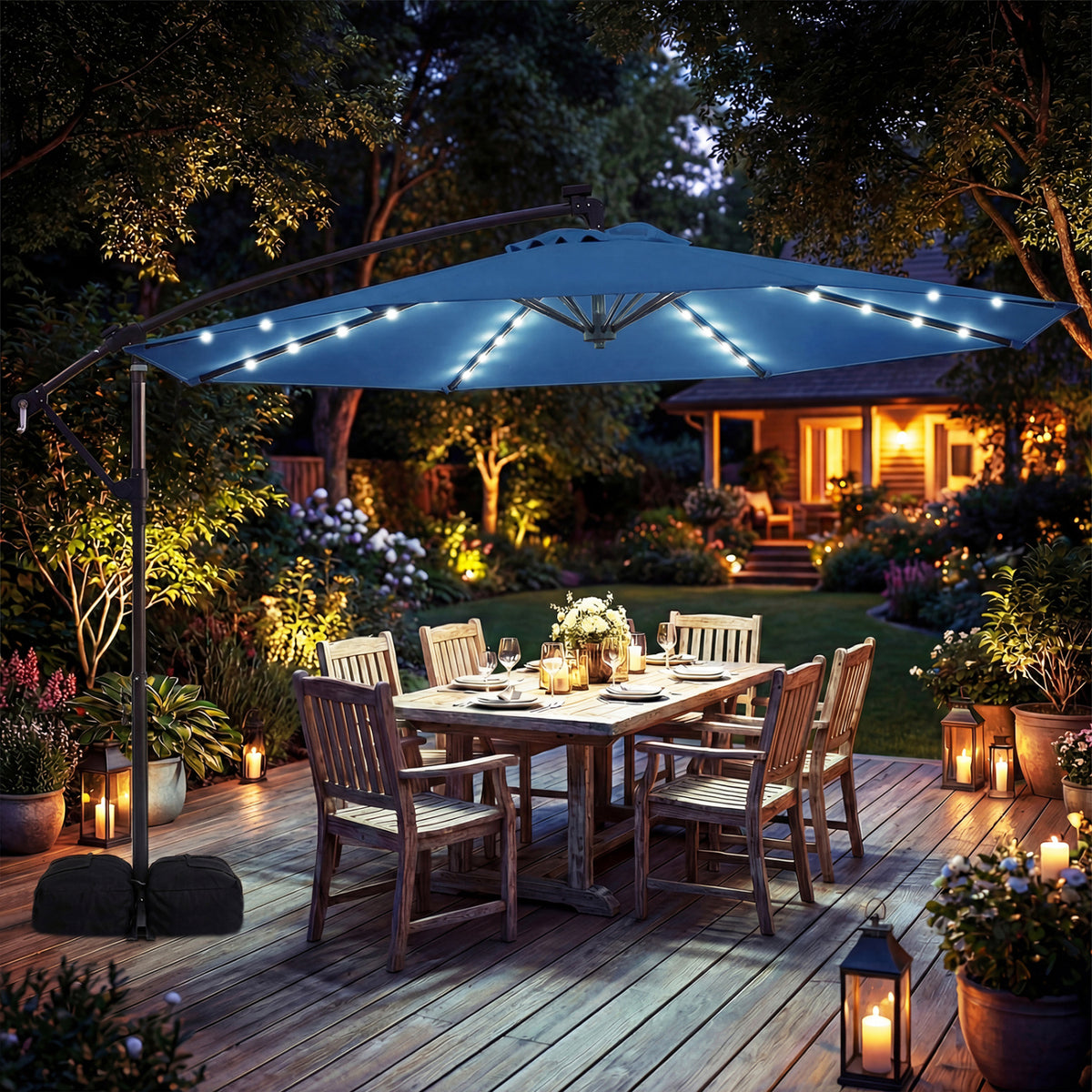 10 FT Solar LED Offset Cantilever Patio Umbrella Hanging Outdoor Market Umbrella-Navy